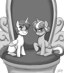 Size: 1000x1134 | Tagged: safe, artist:johnjoseco, alula, pluto, princess erroria, princess flurry heart, alicorn, pony, g4, awwlula, brave, cute, duo, erroriabetes, female, filly, flurrybetes, grayscale, looking at you, mare, monochrome, sketch, smiling, throne