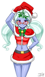 Size: 800x1374 | Tagged: safe, artist:johnjoseco, color edit, edit, sugarcoat, equestria girls, g4, belly button, belt, christmas, clothes, colored, colored pupils, costume, cute, female, glasses, gloves, hat, holiday, looking at you, midriff, miniskirt, mistletoe, pigtails, santa costume, santa hat, simple background, skirt, smiling, smirk, solo, sugarcute, twintails, white background