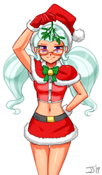 Size: 800x1374 | Tagged: safe, artist:johnjoseco, color edit, edit, sugarcoat, equestria girls, g4, belly button, belt, christmas, clothes, colored, costume, cute, female, glasses, gloves, hat, holiday, human coloration, looking at you, midriff, miniskirt, mistletoe, pigtails, santa costume, santa hat, simple background, skirt, smiling, smirk, solo, sugarcute, twintails, white background