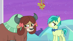 Size: 2063x1161 | Tagged: safe, edit, edited screencap, screencap, sandbar, yona, earth pony, pony, yak, g4, she's all yak, blushing, bowtie, christmas, duo, duo male and female, female, hearth's warming, heartwarming, holiday, holly, holly mistaken for mistletoe, imminent kissing, larger female, male, mistleholly, night, night sky, ship:yonabar, shipping, shy, size difference, sky, smaller male, smiling, straight, this will end in kisses, treehouse of harmony