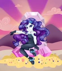 Size: 1024x1171 | Tagged: safe, artist:sapphirescarletta, rarity, equestria girls, g4, the other side, bare shoulders, beach, clothes, crepuscular rays, cute, female, gloves, looking at you, raribetes, sitting, solo, throne, unitard