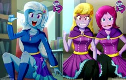 Size: 1624x1024 | Tagged: safe, artist:the-butch-x, edit, editor:thomasfan45, fuchsia blush, lavender lace, trixie, human, equestria girls, g4, my little pony equestria girls: rainbow rocks, adorasexy, angry, background human, barrette, beautiful, bleachers, blushing, book, bookshelf, breasts, butch's hello, canterlot high, cape, chair, clothes, collarbone, cross-popping veins, cute, cutie mark on clothes, description is relevant, diatrixes, dress, ear blush, equestria girls logo, female, hairclip, happy, hoodie, indoors, irritated, jacket, kneesocks, leggings, looking at you, open mouth, pointing at self, raised eyebrow, red face, schrödinger's pantsu, sexy, signature, sitting, skirt, smiling, socks, thighs, trio, trio female, trixie and the illusions, upskirt denied, window