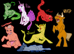 Size: 3000x2200 | Tagged: safe, artist:phobicalbino, oc, oc only, oc:envy, oc:gluttony, oc:greed, oc:lust, oc:pride, oc:sloth, oc:wrath, monster pony, sloth, snake, arrogance, belly mouth, black background, black sclera, bull horns, envy, forked horn, gluttony, greed, high res, horn, horns, lust, lying down, open mouth, peacock feathers, peacock tail, rearing, red eyes, seven deadly sins, simple background, sin of envy, sin of gluttony, sin of greed, sin of lust, sin of pride, sin of sloth, sin of wrath, snake for a tail, spotted, tail, tongue out, wrath