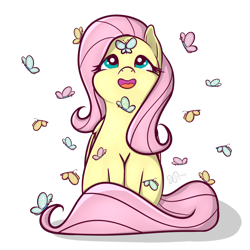 Size: 1280x1280 | Tagged: safe, artist:xchan, fluttershy, butterfly, pegasus, pony, cute, female, mare, open mouth, shyabetes, simple background, sitting, solo, transparent background