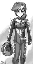 Size: 800x1535 | Tagged: safe, artist:johnjoseco, rainbow dash, human, g4, female, grayscale, helmet, humanized, monochrome, racing suit, sketch, solo