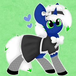 Size: 3000x3000 | Tagged: safe, artist:pegamutt, oc, oc only, oc:mimic, changeling, hybrid, pony, unicorn, bow, clothes, crossdressing, fishnet stockings, high res, maid, male, socks, solo, stallion, submissive, ych result