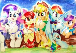 Size: 3323x2322 | Tagged: safe, artist:liaaqila, apple bloom, applejack, rainbow dash, rarity, scootaloo, sweetie belle, earth pony, pegasus, pony, unicorn, g4, backwards cutie mark, chocolate, clothes, commission, cute, cutie mark crusaders, female, filly, food, grass, high res, hot chocolate, logo, mare, siblings, sisters, stars, traditional art