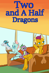 Size: 2400x3600 | Tagged: safe, artist:skunkstripe, ocellus, smolder, spike, changedling, changeling, dragon, g4, fanfic, fanfic art, fanfic cover, high res, paws, reading, underpaw