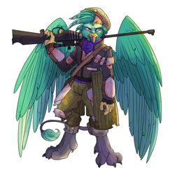 Size: 3000x3000 | Tagged: safe, artist:sourcherry, oc, griffon, anthro, fallout equestria, angry, armor, beret, bipedal, clothes, gun, hat, high res, rifle, scar, scarf, sniper rifle, soldier, solo, standing, wasteland ventures, weapon, wings