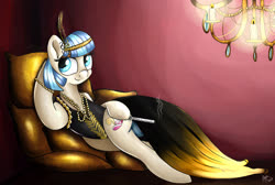 Size: 2432x1630 | Tagged: safe, artist:appleneedle, coco pommel, earth pony, pony, g4, bedroom eyes, bracelet, candle, chandelier, cigarette, cigarette holder, clothes, cocobetes, cute, dress, eyeshadow, fancy, feather, female, headband, jewelry, makeup, mare, necklace, pillow, smoking, solo, stupid sexy coco pommel