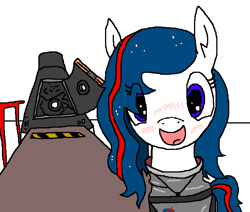 Size: 652x553 | Tagged: safe, oc, oc only, oc:nasapone, earth pony, pony, blushing, cyoa, ethereal mane, female, happy, implied anon, looking at you, mare, offscreen character, pov, solo, space capsule, spacesuit, starry mane