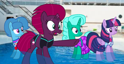 Size: 2069x1080 | Tagged: safe, artist:徐詩珮, fizzlepop berrytwist, glitter drops, spring rain, tempest shadow, twilight sparkle, alicorn, pony, unicorn, series:sprglitemplight diary, series:sprglitemplight life jacket days, series:springshadowdrops diary, series:springshadowdrops life jacket days, g4, alternate universe, base used, bisexual, broken horn, clothes, cute, equestria girls outfit, female, glitterbetes, horn, lesbian, lifeguard, lifeguard spring rain, polyamory, ship:glitterlight, ship:glittershadow, ship:sprglitemplight, ship:springdrops, ship:springlight, ship:springshadow, ship:springshadowdrops, ship:tempestlight, shipping, springbetes, swimsuit, tempestbetes, twilight sparkle (alicorn)