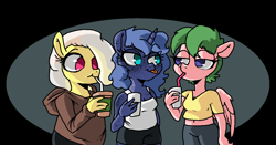 Size: 1246x654 | Tagged: safe, artist:smirk, oc, oc:libby belle, oc:midnight starfall, oc:mutter butter, anthro, :p, belly button, clothes, drink, freckles, midriff, ms paint, short shirt, simple background, tanktop, tongue out