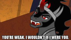 Size: 1280x720 | Tagged: safe, edit, edited screencap, screencap, king sombra, pony, unicorn, g4, the beginning of the end, caption, curved horn, horn, image macro, jewelry, male, meme, regalia, solo, stallion, text