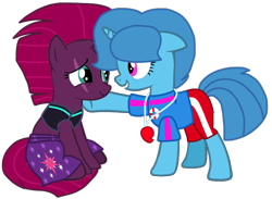 Size: 1312x958 | Tagged: safe, artist:徐詩珮, fizzlepop berrytwist, spring rain, tempest shadow, pony, unicorn, series:sprglitemplight diary, series:sprglitemplight life jacket days, series:springshadowdrops diary, series:springshadowdrops life jacket days, g4, base used, broken horn, clothes, cute, female, horn, lesbian, lifeguard, lifeguard spring rain, ship:springshadow, shipping, simple background, springbetes, swimsuit, tempestbetes, transparent background