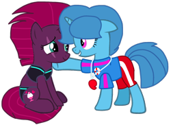 Size: 1314x957 | Tagged: safe, artist:徐詩珮, fizzlepop berrytwist, spring rain, tempest shadow, pony, unicorn, series:sprglitemplight diary, series:sprglitemplight life jacket days, series:springshadowdrops diary, series:springshadowdrops life jacket days, g4, broken horn, clothes, cute, female, horn, lesbian, lifeguard, lifeguard spring rain, ship:springshadow, shipping, simple background, springbetes, swimsuit, tempestbetes, transparent background