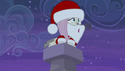 Size: 1280x720 | Tagged: safe, edit, edited screencap, screencap, fluttershy, pegasus, pony, g4, the cutie map, chimney, christmas, clothes, costume, dirty, fake beard, female, fluttersoot, hat, holiday, mare, night, open mouth, santa beard, santa claus, santa costume, santa hat, solo, soot