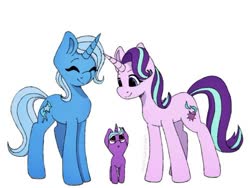 Size: 500x375 | Tagged: safe, artist:incendiarymoth, starlight glimmer, trixie, oc, oc:roulette, g4, family, female, lesbian, magical lesbian spawn, offspring, parent:starlight glimmer, parent:trixie, parents:startrix, ship:startrix, shipping, simple background, white background