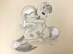 Size: 1032x774 | Tagged: safe, artist:peruserofpieces, fluttershy, twilight sparkle, alicorn, pegasus, pony, g4, eyes closed, female, hug, mare, pencil drawing, smiling, toned paper, traditional art, twilight sparkle (alicorn)