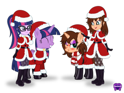 Size: 3989x3000 | Tagged: safe, artist:cyberapple456, sci-twi, twilight sparkle, oc, oc:chloe adore, alicorn, human, pony, unicorn, equestria girls, g4, blushing, boots, cape, christmas, clothes, dress, ear piercing, earring, eyeshadow, female, glasses, gloves, happy, hat, high res, holiday, human oc, jewelry, leggings, makeup, piercing, playing with ear, playing with oneself, purple eyeshadow, santa hat, scarf, scrunchy face, self ponidox, shoes, simple background, smiling, transparent background, twilight sparkle (alicorn), unicorn oc