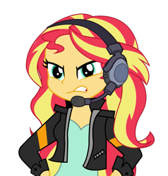 Size: 1543x1619 | Tagged: safe, artist:lifes-remedy, sunset shimmer, equestria girls, g4, game stream, my little pony equestria girls: better together, angry, clothes, female, headset, jacket, moments before ragequit, simple background, solo, transparent background, vector
