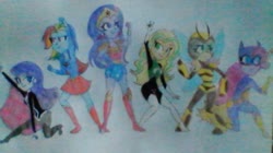Size: 621x349 | Tagged: safe, artist:awesome_turtle_, applejack, fluttershy, pinkie pie, rainbow dash, rarity, twilight sparkle, equestria girls, g4, batgirl, bumblebee (dc comics), dc superhero girls, green lantern, mane six, supergirl, wonder woman, zatanna