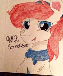 Size: 530x643 | Tagged: safe, artist:marewuvsapex, oc, oc only, oc:apex soundwave, earth pony, pony, clothes, earth pony oc, photo, scarf, solo, tongue out, traditional art