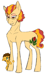 Size: 1376x2168 | Tagged: safe, artist:phobicalbino, cheese sandwich, oc, oc:candelabra, earth pony, pony, g4, colt, duo, female, foal, glasses, male, mare, mother and child, mother and son, previous generation, simple background, underweight, white background
