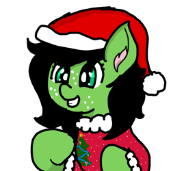 Size: 1440x1440 | Tagged: safe, artist:scotch, oc, oc only, oc:filly anon, pony, christmas, christmas jumper, clothes, female, filly, hat, holiday, jumper, santa hat, simple background, smiling, solo, sweater, transparent background
