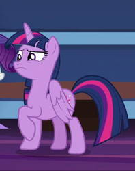 Size: 506x638 | Tagged: safe, screencap, twilight sparkle, alicorn, pony, g4, the last problem, cropped, female, folded wings, frown, mare, offscreen character, raised hoof, solo focus, twilight sparkle (alicorn), unsure, wings