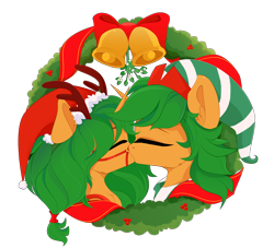 Size: 6223x5649 | Tagged: safe, artist:xsatanielx, oc, oc only, oc:main puppet, pony, unicorn, rcf community, christmas, christmas wreath, commission, female, holiday, kissing, male, mare, simple background, transparent background, wreath