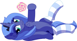Size: 9117x4837 | Tagged: safe, artist:cyanlightning, princess luna, alicorn, pony, g4, .svg available, absurd resolution, candy, chest fluff, clothes, ear fluff, female, folded wings, food, lidded eyes, lollipop, looking at you, mare, on back, s1 luna, simple background, sitting, socks, solo, striped socks, transparent background, vector, wings
