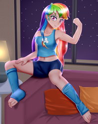 Size: 1500x1900 | Tagged: safe, artist:focusb, rainbow dash, human, g4, armpits, clothes, feet, female, flexing, humanized, lamp, leg warmers, looking at you, night, off shoulder, pillow, sexy, shorts, sitting, smiling, solo, stars, stupid sexy rainbow dash, tank top