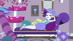 Size: 854x480 | Tagged: safe, edit, edited screencap, screencap, rarity, camping must-haves, equestria girls, g4, my little pony equestria girls: better together, armpits, bedroom eyes, couch, female, hat, high heels, legs, looking at you, on side, rarity's bedroom, reclining, sandals, sexy, shoes, smiling, solo