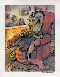 Size: 2223x2837 | Tagged: safe, artist:reptilianbirds, discord, g4, book, chair, discord lamp, fireplace, high res, male, reading, sitting, solo, traditional art