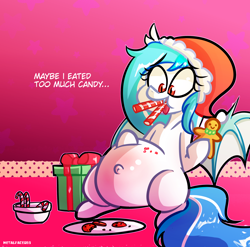 Size: 2858x2826 | Tagged: safe, artist:metalface069, oc, oc only, oc:snowflake, bat pony, pony, bat pony oc, belly, candy, candy cane, christmas, engrish, fat, female, food, grammar error, hat, high res, holiday, hoof on belly, mare, present, santa hat, solo, ych result