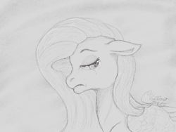 Size: 1600x1200 | Tagged: safe, artist:theyellowcoat, fluttershy, pegasus, pony, g4, black and white, crying, female, grayscale, mare, monochrome, sad, solo