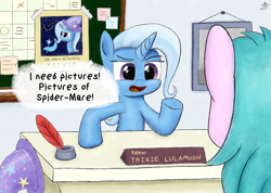 Size: 1280x913 | Tagged: safe, artist:sheeppony, edit, trixie, g4, desk, guidance counselor, inkwell, j. jonah jameson, male, meme, quill, speech bubble, spider-man, starlight's office, text
