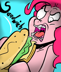 Size: 768x897 | Tagged: safe, artist:mafinzy, pinkie pie, earth pony, pony, g4, cross-popping veins, deviantart watermark, faic, female, food, mare, obtrusive watermark, sandwich, solo, wat, watermark