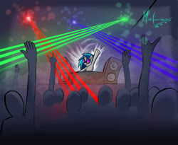 Size: 2012x1652 | Tagged: safe, artist:mafinzy, dj pon-3, vinyl scratch, human, pony, unicorn, g4, audience, concert, crowd, dj booth, female, laser, mare, speaker