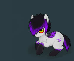 Size: 942x780 | Tagged: safe, artist:thesilliestwilly, oc, oc only, pegasus, pony, coat markings, hair over one eye, rainbow eyes, socks (coat markings), solo, two toned wings, wings