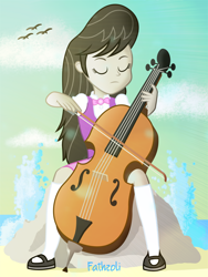 Size: 1536x2048 | Tagged: safe, artist:fathzoli, octavia melody, bird, equestria girls, beach, bow (instrument), cello, cloud, eyes closed, female, musical instrument, ocean, rock, sand, sitting, sky, solo, water, wave