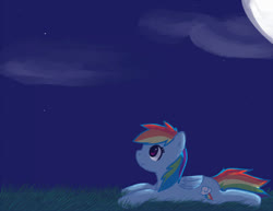 Size: 845x652 | Tagged: safe, artist:thesilliestwilly, rainbow dash, pegasus, pony, g4, female, grass, mare, moon, prone, solo