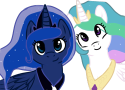 Size: 1091x786 | Tagged: safe, artist:thesilliestwilly, princess celestia, princess luna, alicorn, pony, g4, duo, eye clipping through hair, female, hair over one eye, half body, jewelry, looking at you, mare, regalia, simple background, smiling, smiling at you, transparent background