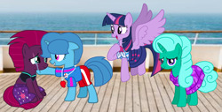 Size: 2133x1080 | Tagged: safe, artist:徐詩珮, fizzlepop berrytwist, glitter drops, spring rain, tempest shadow, twilight sparkle, alicorn, pony, unicorn, series:sprglitemplight diary, series:sprglitemplight life jacket days, series:springshadowdrops diary, series:springshadowdrops life jacket days, g4, alternate universe, base used, bisexual, broken horn, clothes, crying, cute, equestria girls outfit, female, glitterbetes, horn, lesbian, lifeguard, lifeguard spring rain, polyamory, ship:glitterlight, ship:glittershadow, ship:sprglitemplight, ship:springdrops, ship:springlight, ship:springshadow, ship:springshadowdrops, ship:tempestlight, shipping, springbetes, swimsuit, tempestbetes, twilight sparkle (alicorn)