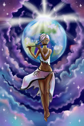 Size: 2100x3150 | Tagged: safe, artist:unnameluna, zecora, human, g4, 2012, african, breasts, busty zecora, dark skin, female, flute, high res, humanized, midriff, musical instrument, planet, solo, space