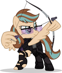Size: 1280x1516 | Tagged: safe, artist:mlp-trailgrazer, oc, oc only, oc:krystal clear, pegasus, pony, arrow, bow (weapon), bow and arrow, clothes, cosplay, costume, female, glasses, hawkeye, mare, simple background, solo, transparent background, weapon, wing hands, wings