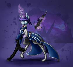 Size: 2500x2300 | Tagged: safe, artist:vera-li, oc, oc only, pony, unicorn, clothes, crossover, destiny (video game), dress, female, gun, high res, magic, mare, open mouth, solo, telekinesis, weapon