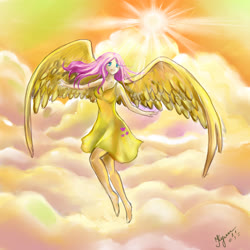 Size: 3500x3500 | Tagged: safe, artist:unnameluna, fluttershy, human, g4, beautiful, clothes, cloud, dress, female, flying, high res, humanized, solo, sun, winged humanization, wings