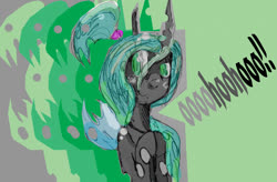 Size: 1024x672 | Tagged: safe, artist:roadboat, queen chrysalis, changeling, changeling queen, g4, alternate hairstyle, female, laughing, ponytail, solo